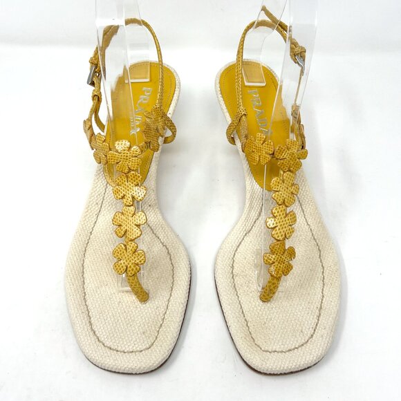 Vintage PRADA Y2K Floral Kitten Heels Size 37 | Yellow Woven Sandals - Picture 2 of 9